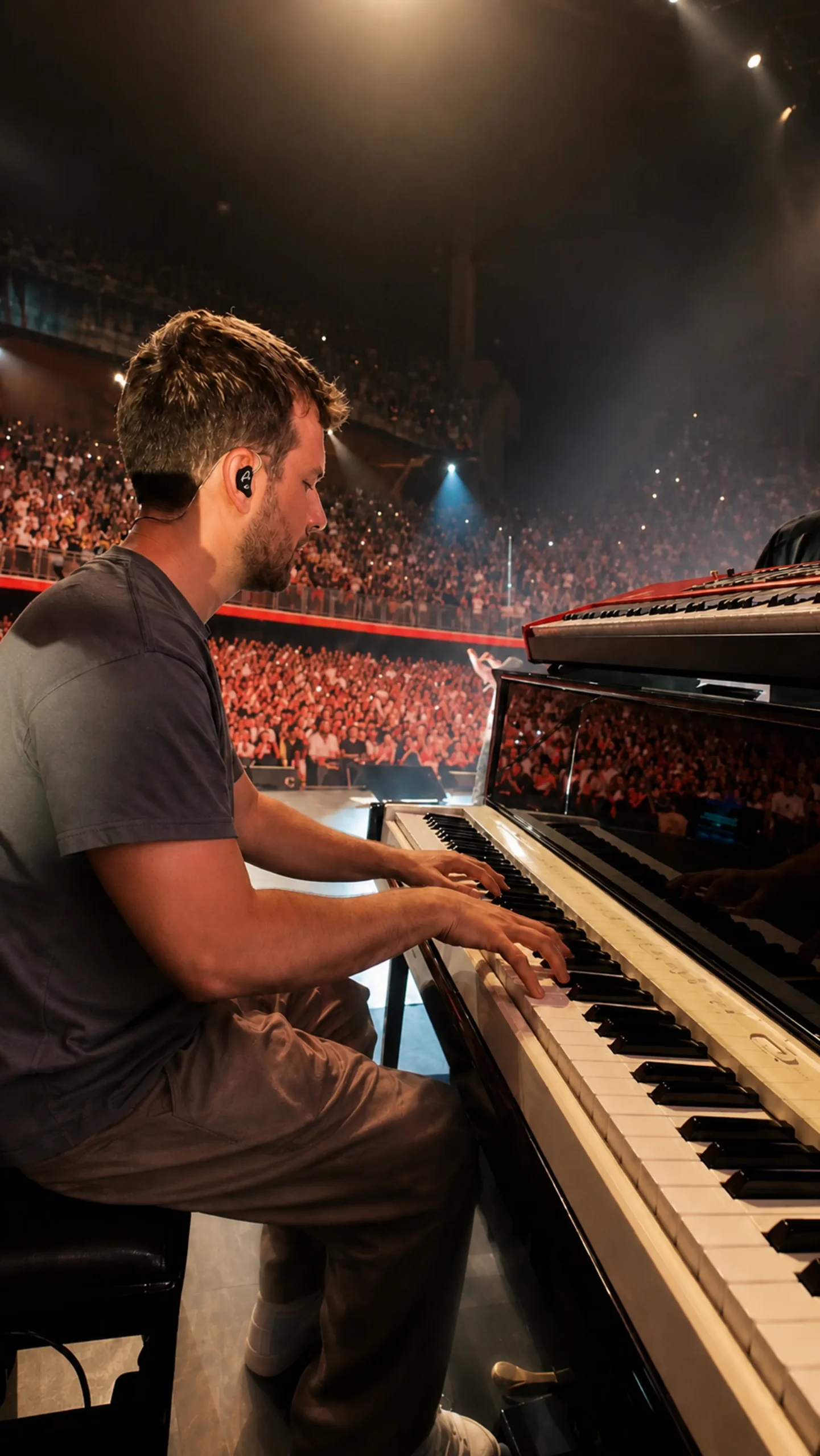 Michele Bargigia al pianoforte a coda su un palco illuminato.