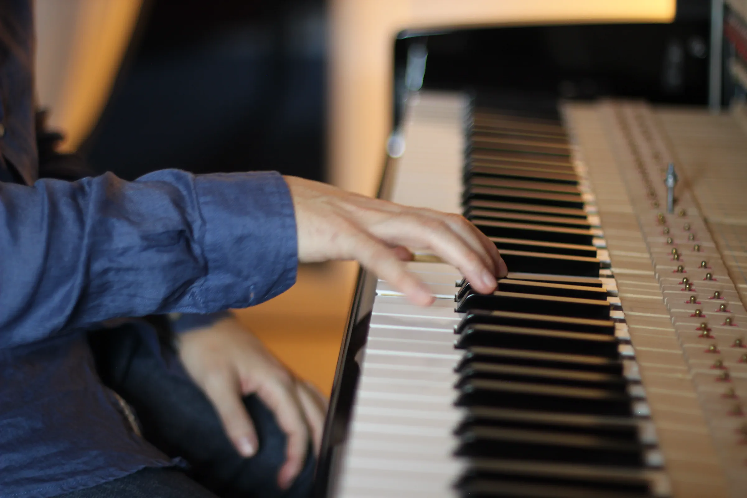 Dettaglio delle mani di Michele Bargigia mentre suona il pianoforte.
